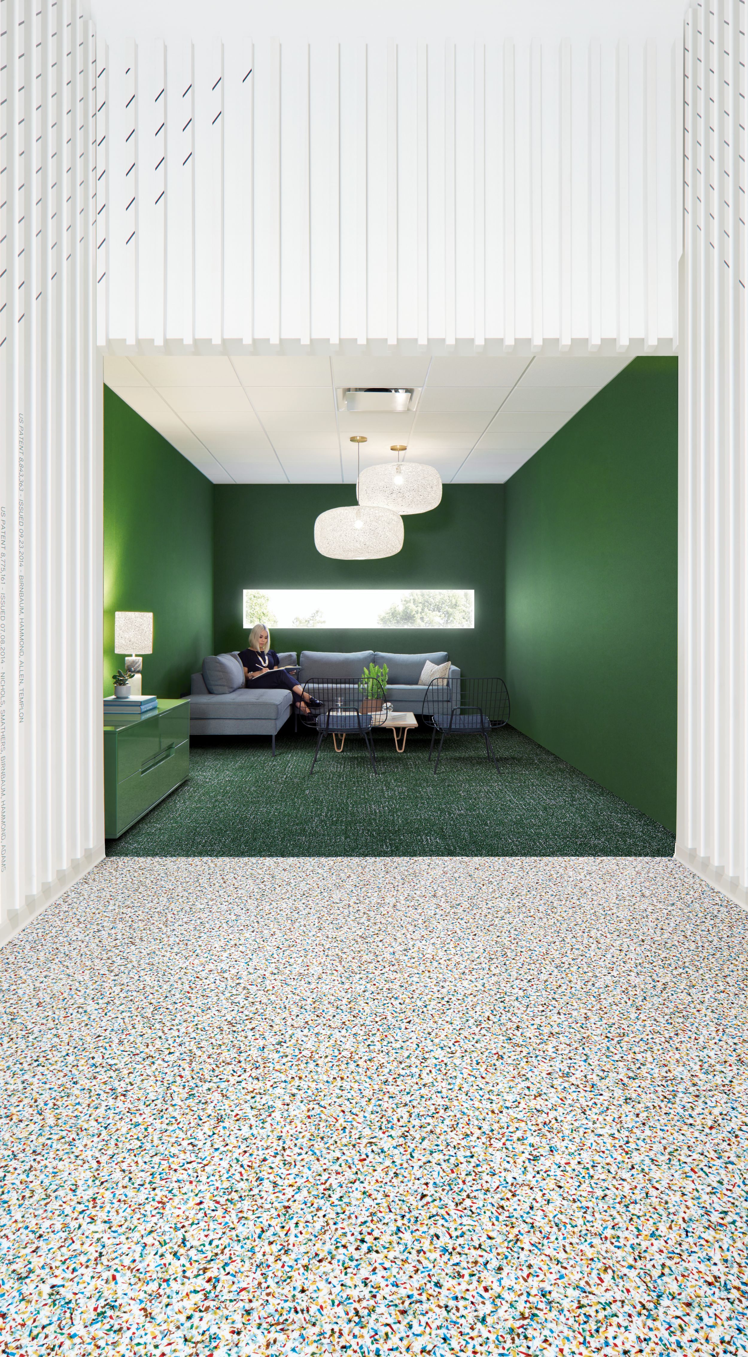Interface Walk on By LVT and Step it Up carpet tile in office common space with couch and chairs  image number 4